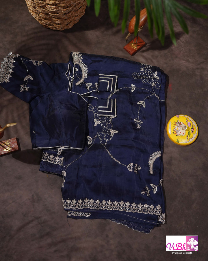Navy Blue Designer Saree with Silver-Toned Vine and Paisley Embellishments