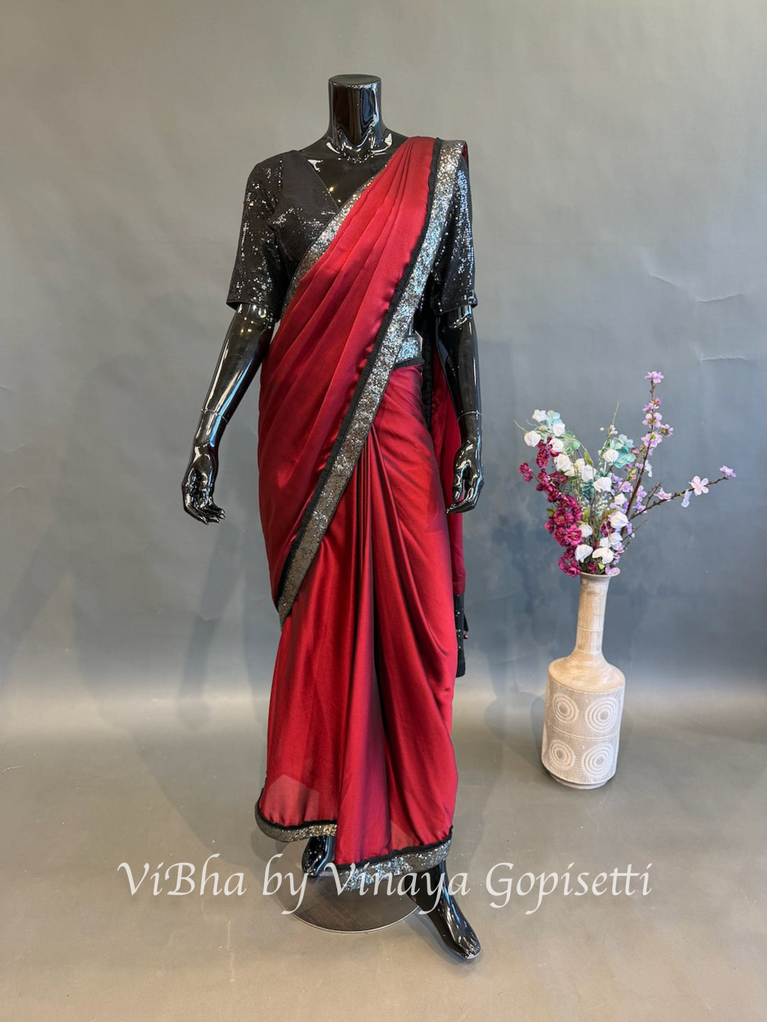 Maroon &amp; Black predraped saree and blouse