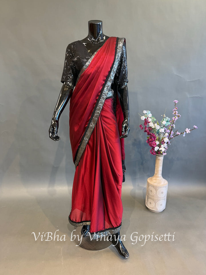Maroon &amp; Black predraped saree and blouse