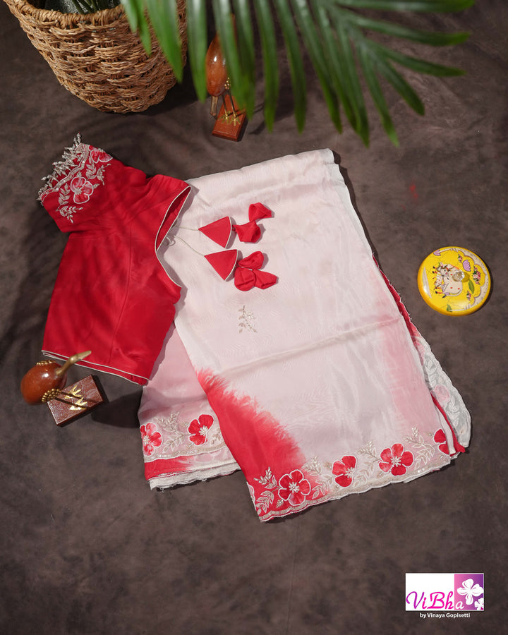 White and Red Designer Saree with Scalloped Floral Embellished Border