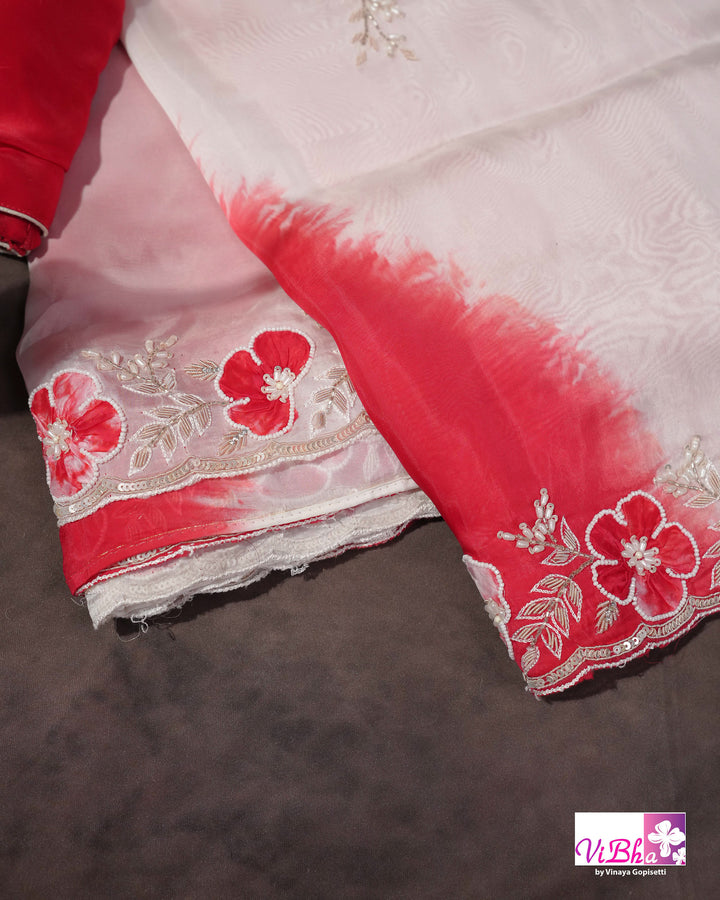 White and Red Designer Saree with Scalloped Floral Embellished Border