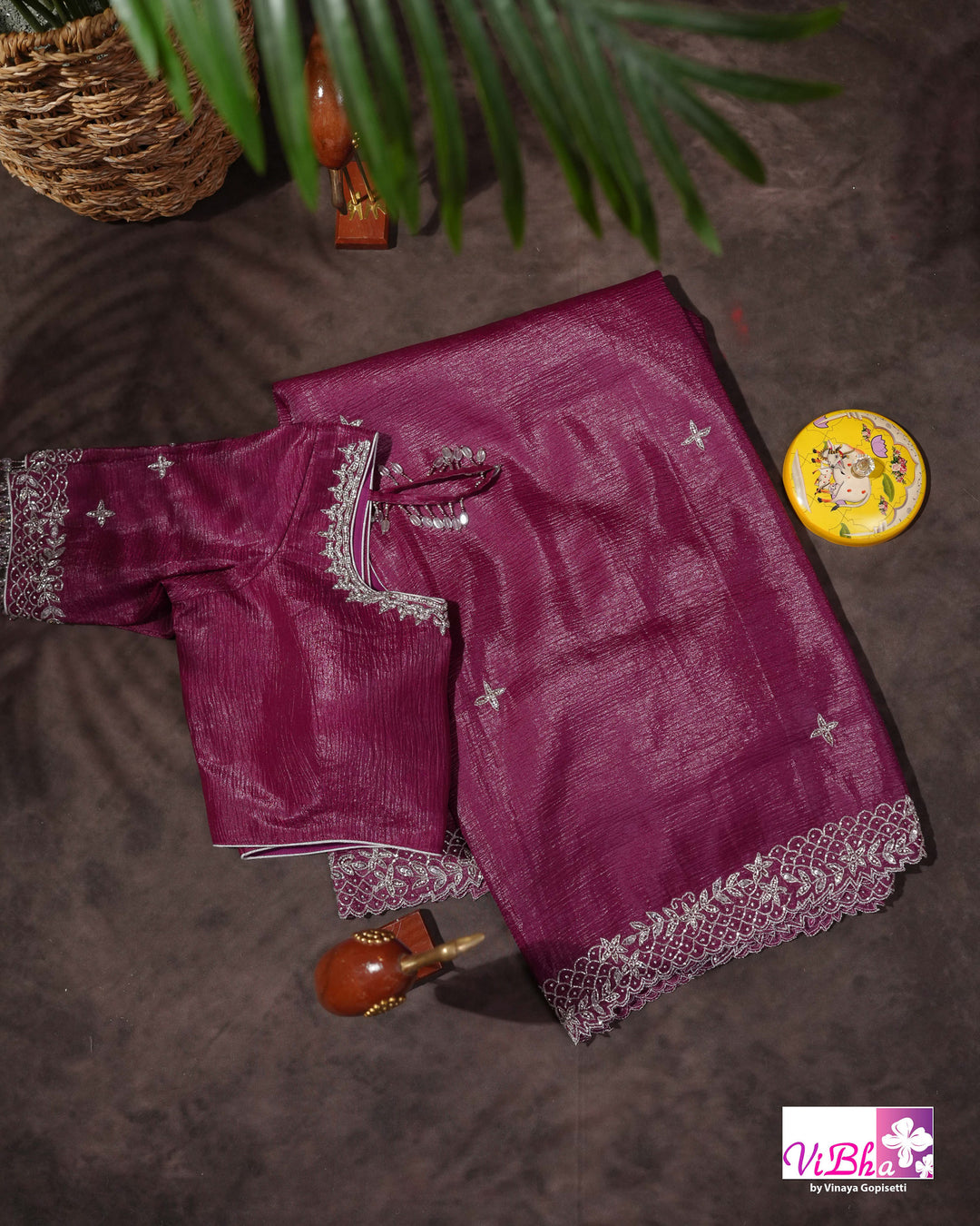 Magenta Shimmer Designer Saree with Silver-Toned Scalloped Border