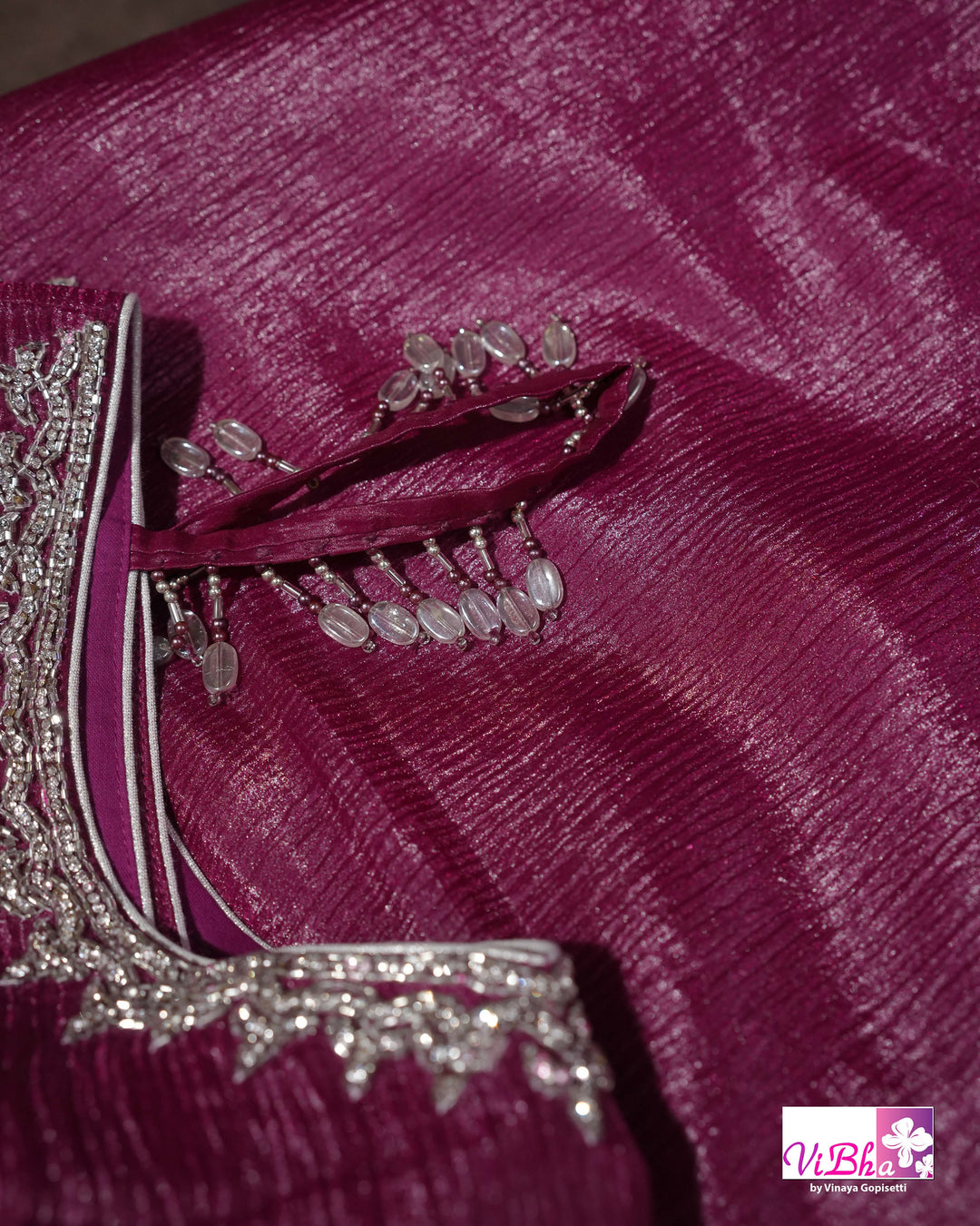 Magenta Shimmer Designer Saree with Silver-Toned Scalloped Border