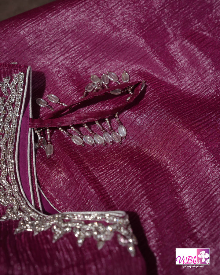 Magenta Shimmer Designer Saree with Silver-Toned Scalloped Border