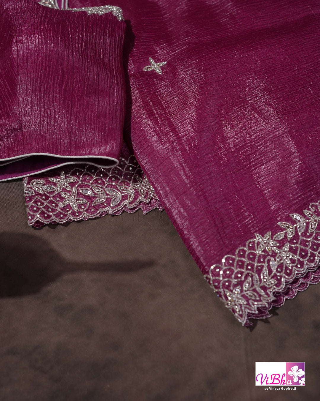 Magenta Shimmer Designer Saree with Silver-Toned Scalloped Border