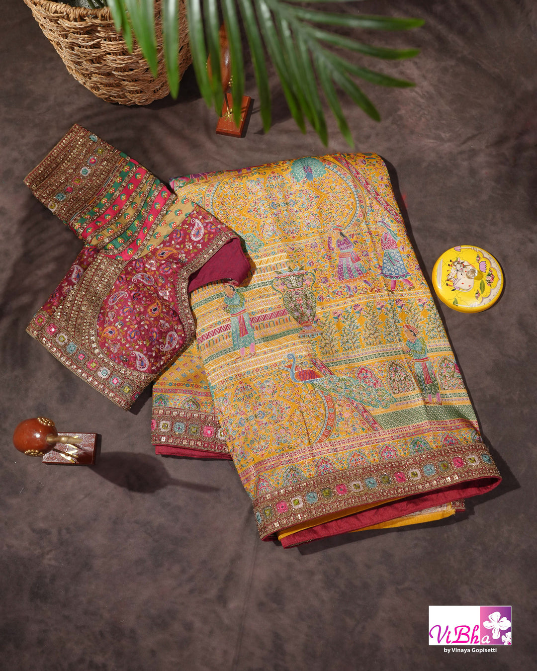Mustard Yellow Designer Saree with Multicolour Figurative Motifs and Ornate Border