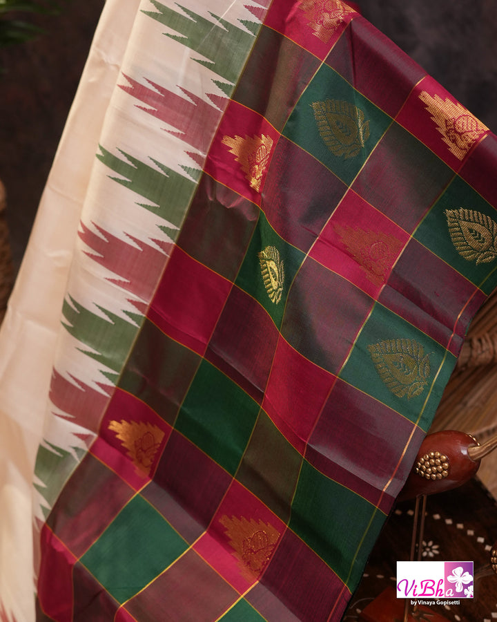Cream Kanchi Silk Saree with Blouse &amp; Kattam Border
