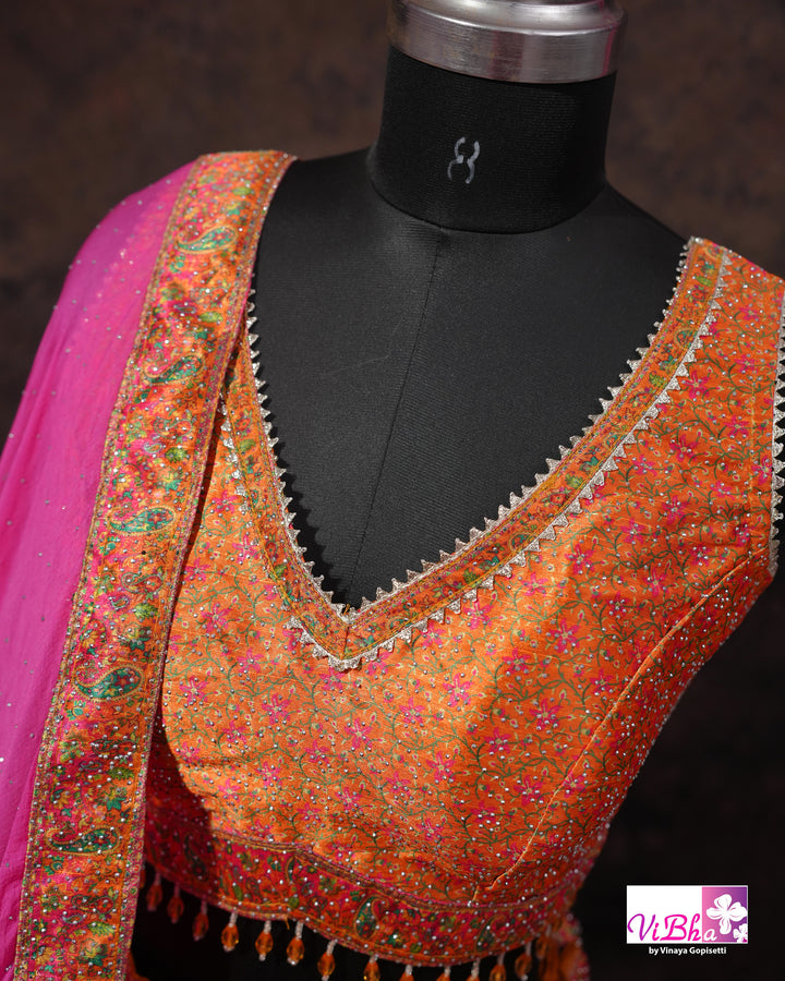 Orange &amp; Rani Pink Multicolor Lehenga Set