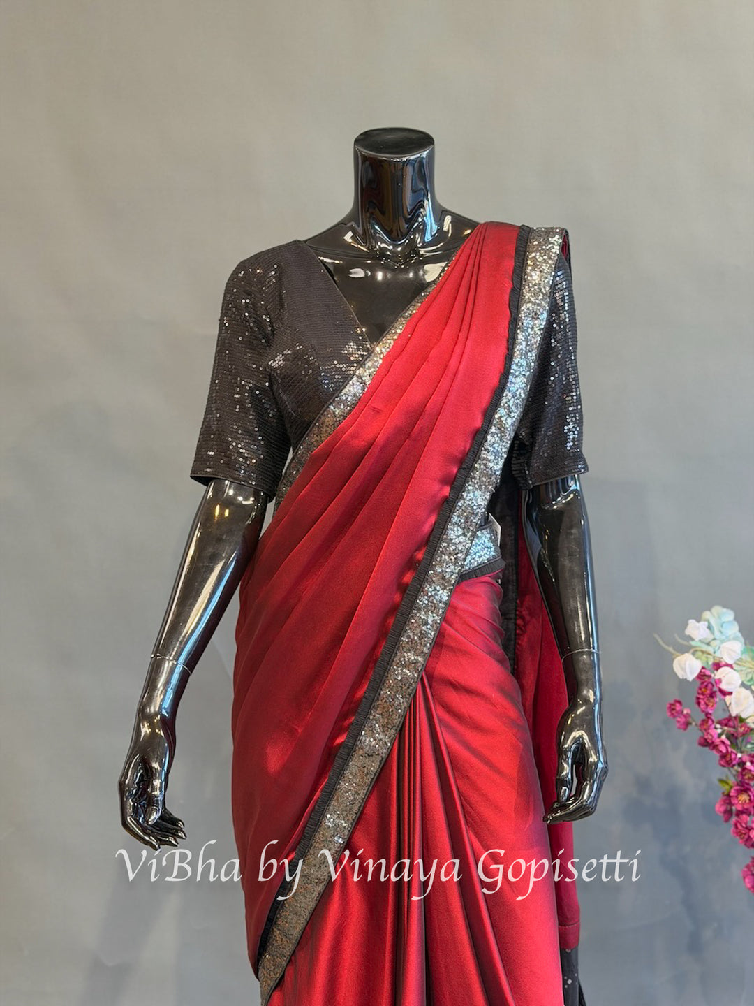 Maroon &amp; Black predraped saree and blouse