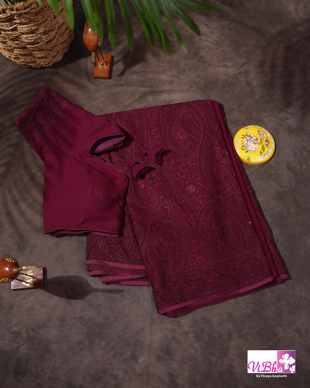Burgundy Designer Saree with Tonal Paisley and Floral Embroidery