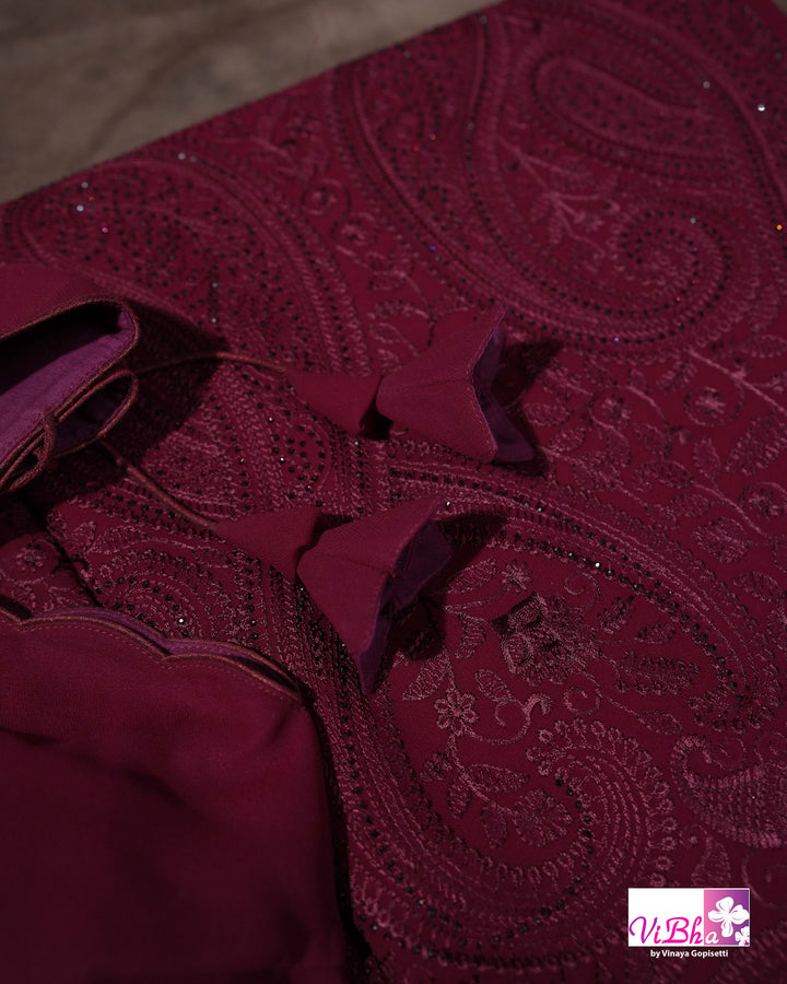 Burgundy Designer Saree with Tonal Paisley and Floral Embroidery