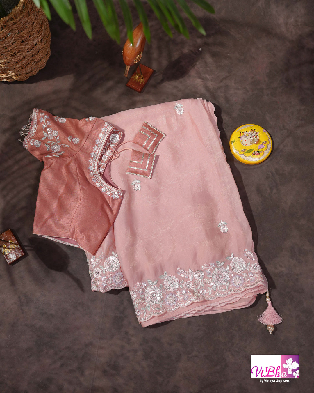 Dusty Rose Designer Saree with Scalloped Floral Embellished Border