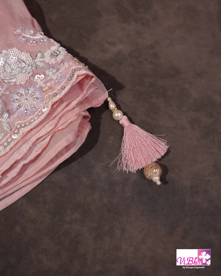 Dusty Rose Designer Saree with Scalloped Floral Embellished Border