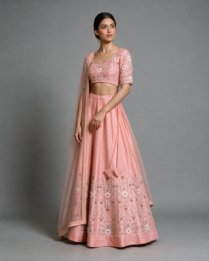 Peach Raw Silk Embroidered Lehenga Set