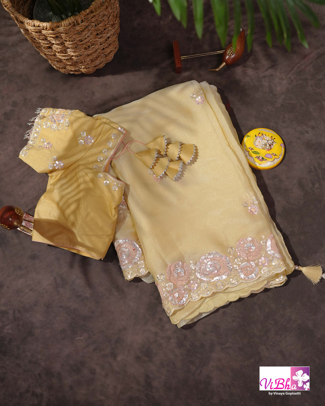 Butter Yellow Designer Saree with Blush Pink Floral Embellishments