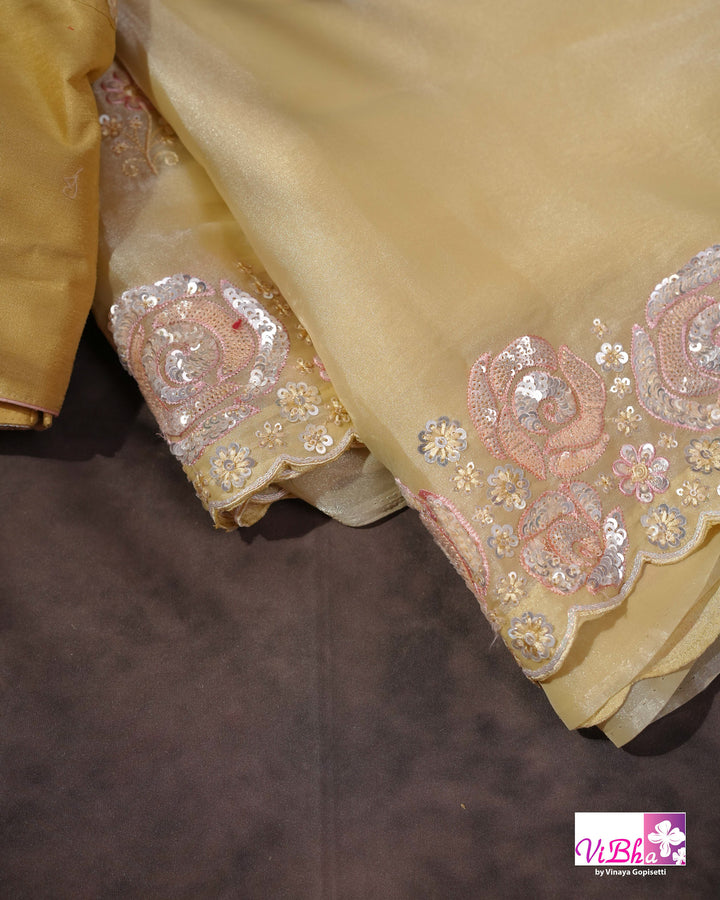 Butter Yellow Designer Saree with Blush Pink Floral Embellishments