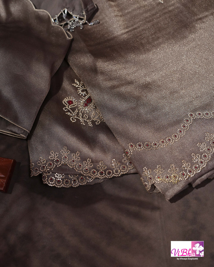 Taupe Shimmer Designer Saree with Ornamental Motifs and Scalloped Border