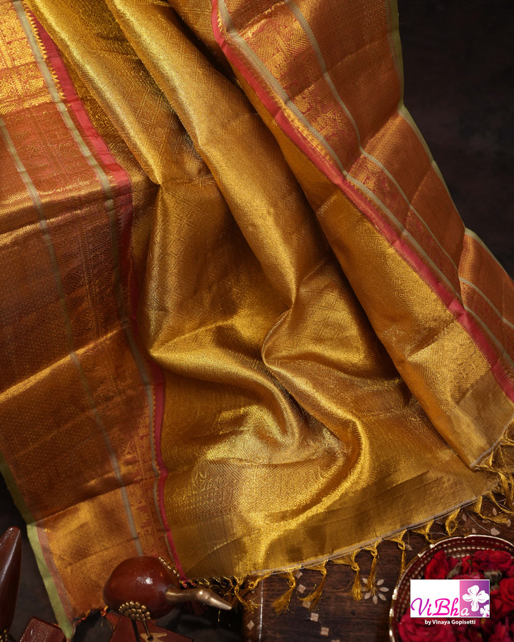 Golden Yellow Kanchi Silk Saree with Rich Zari Border and Blouse