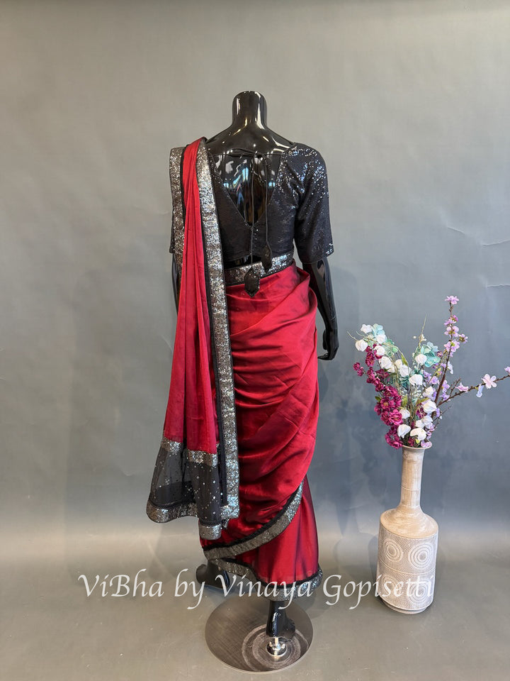 Maroon &amp; Black predraped saree and blouse