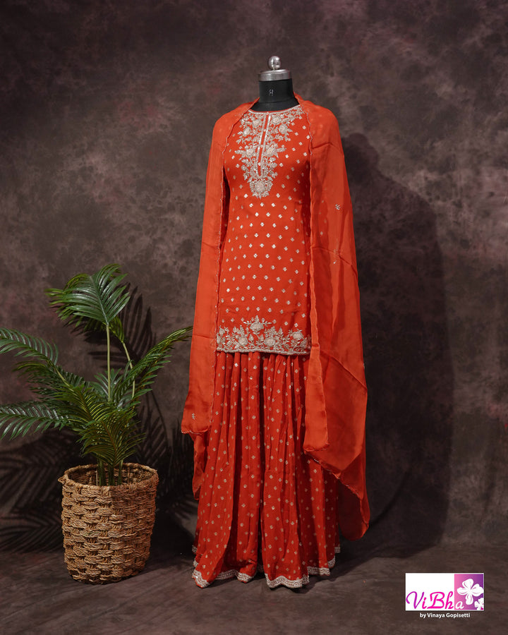 Orange Embroidered Sharara Set