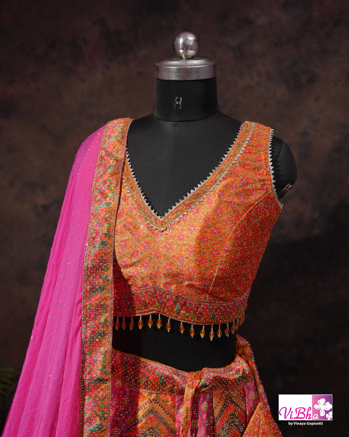 Orange &amp; Rani Pink Multicolor Lehenga Set