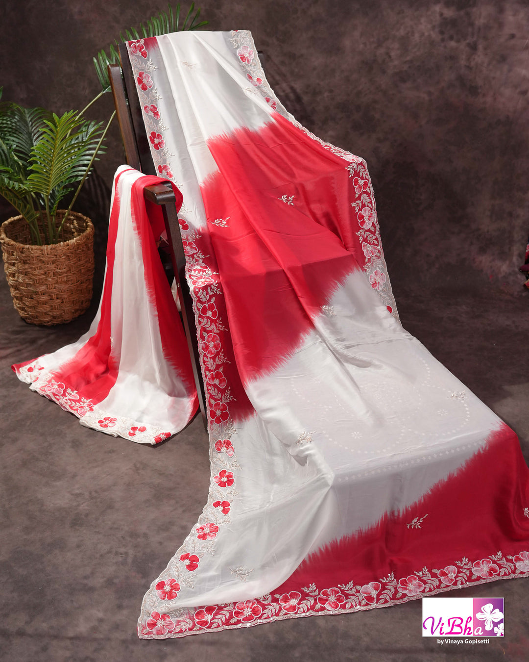 White and Red Designer Saree with Scalloped Floral Embellished Border