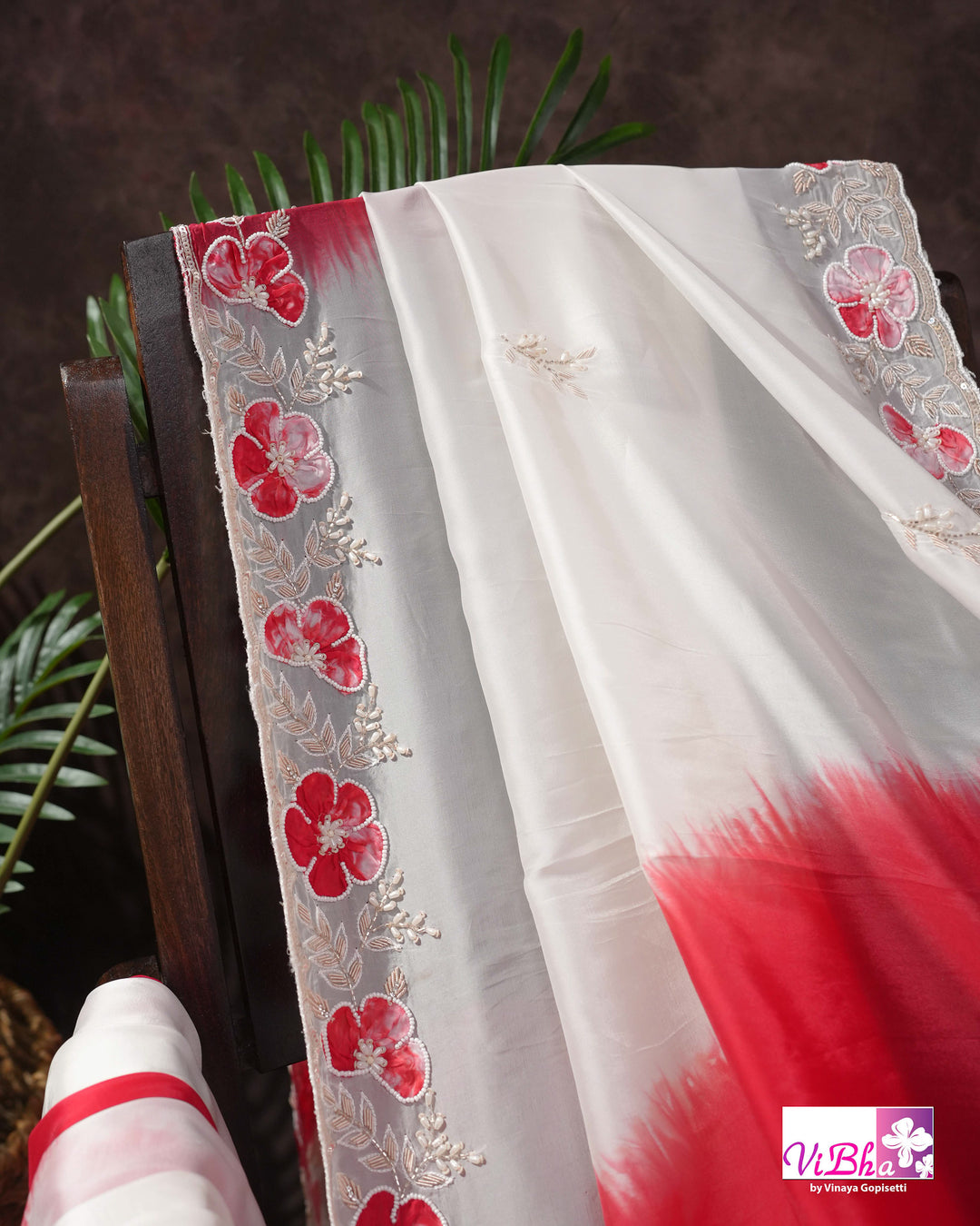 White and Red Designer Saree with Scalloped Floral Embellished Border