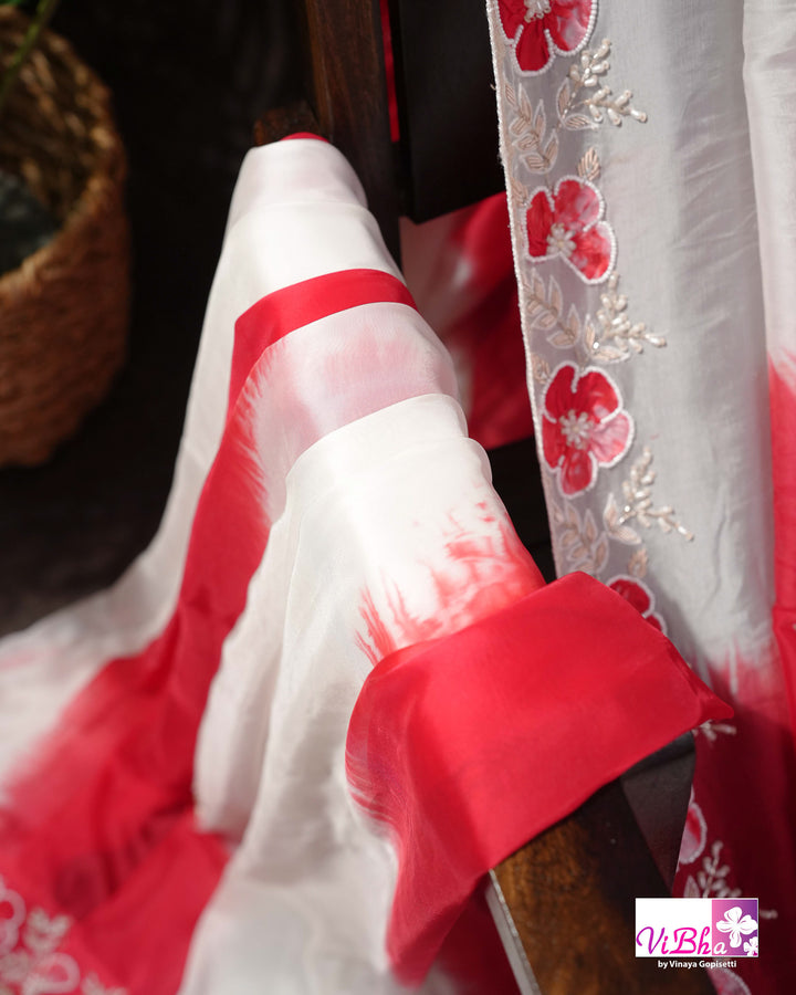 White and Red Designer Saree with Scalloped Floral Embellished Border