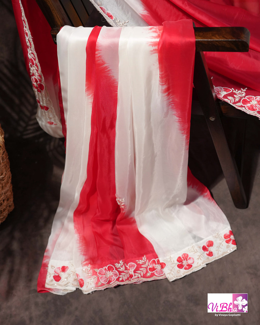 White and Red Designer Saree with Scalloped Floral Embellished Border