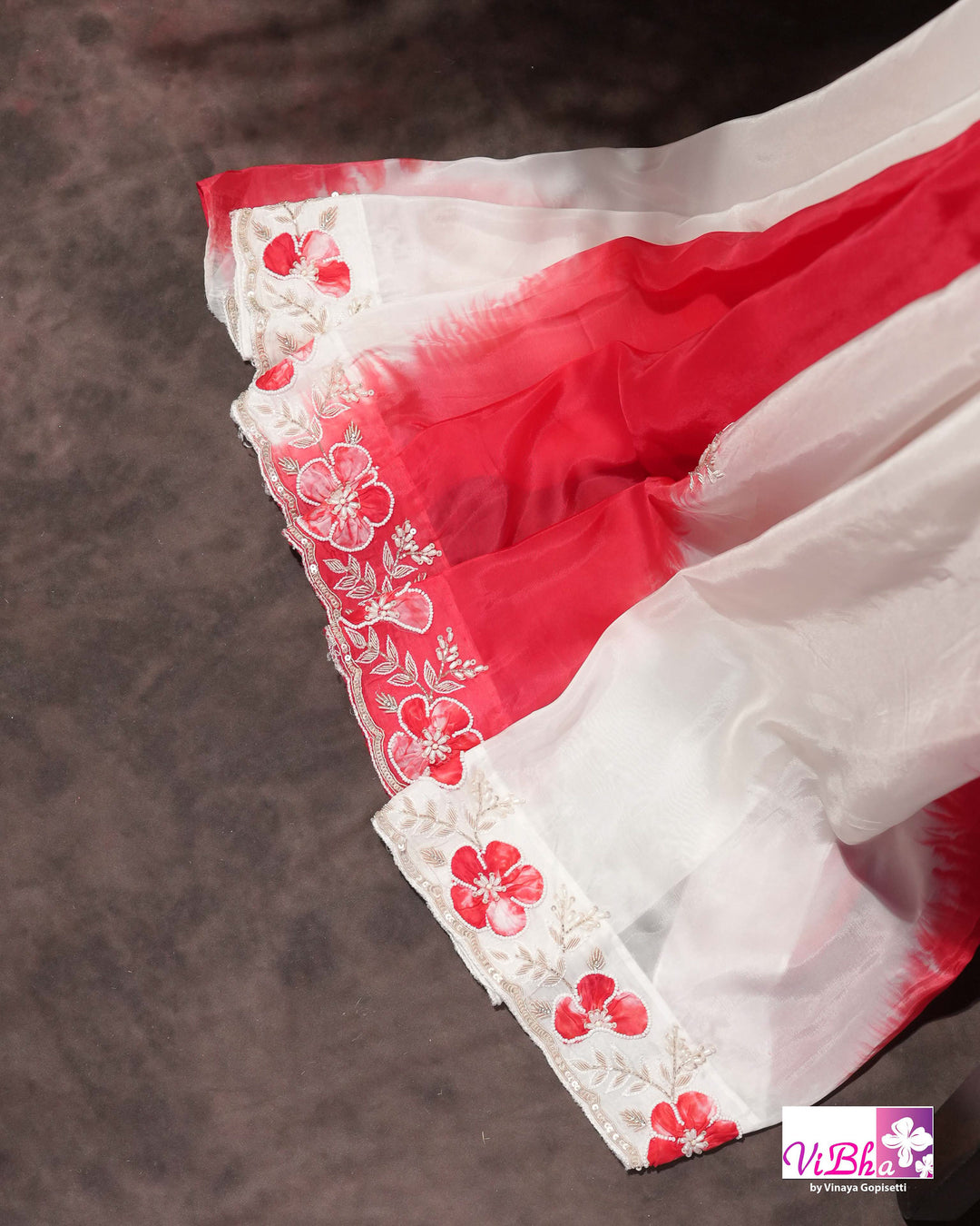 White and Red Designer Saree with Scalloped Floral Embellished Border