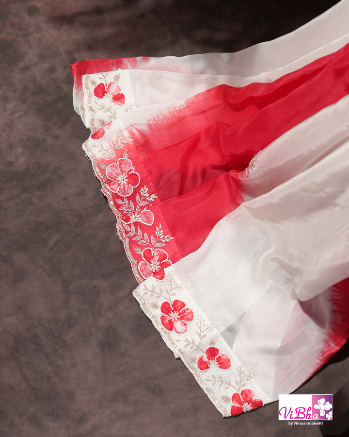 White and Red Designer Saree with Scalloped Floral Embellished Border