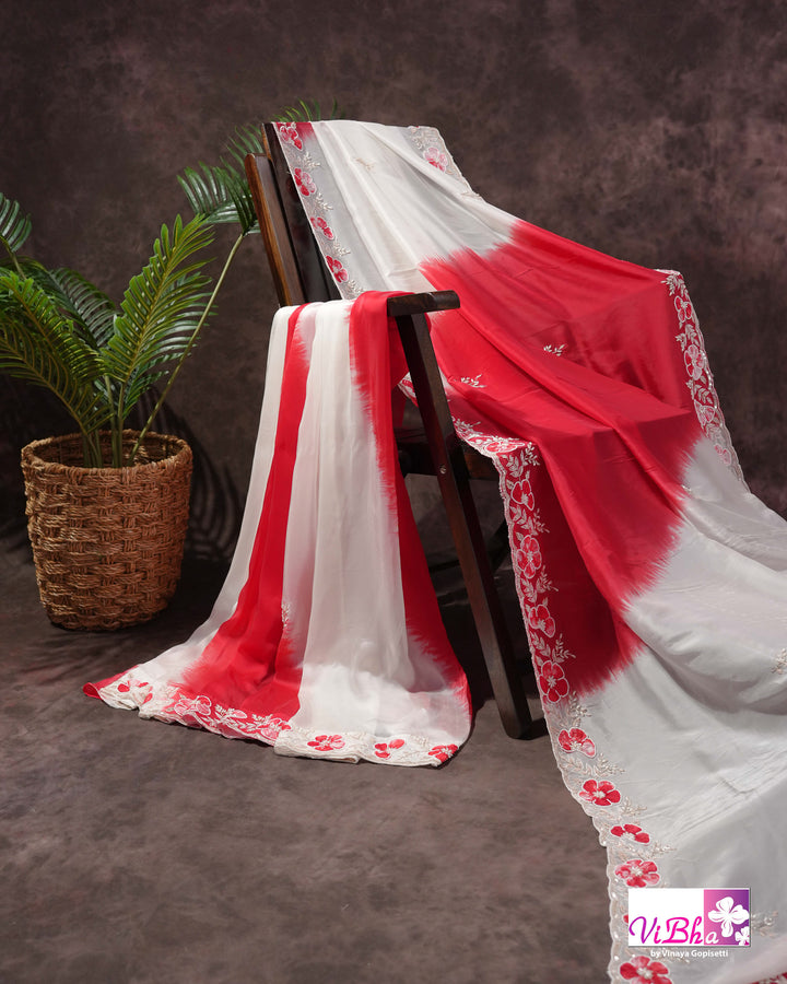 White and Red Designer Saree with Scalloped Floral Embellished Border