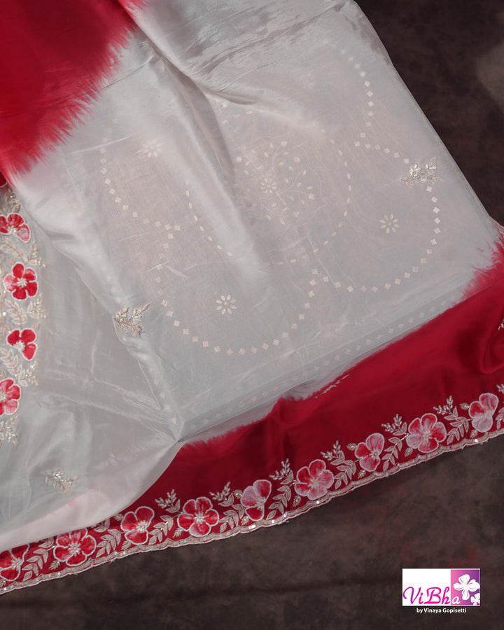 White and Red Designer Saree with Scalloped Floral Embellished Border