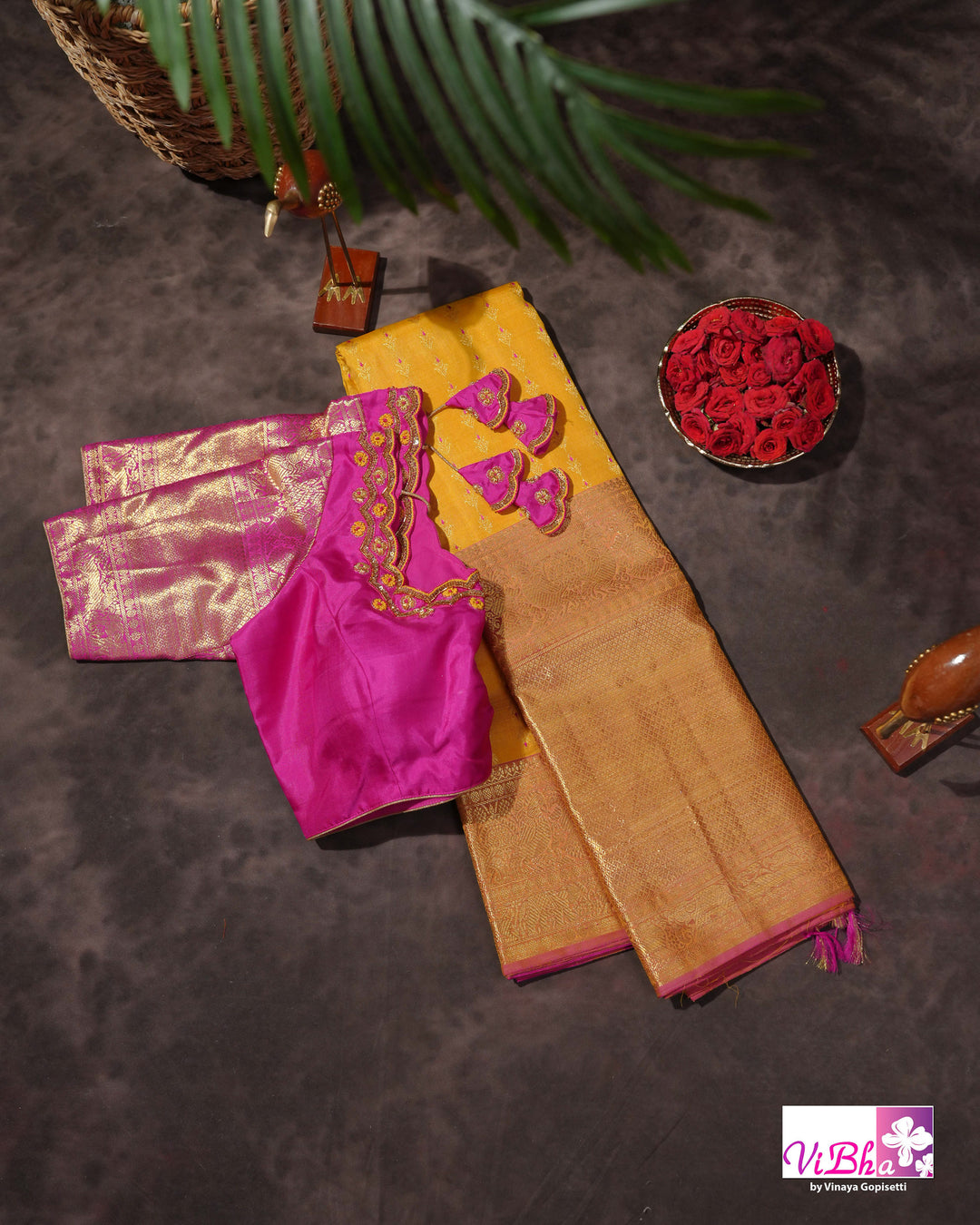 Marigold Yellow Kanchi Silk Saree with Broad Gold Border and Magenta Pallu
