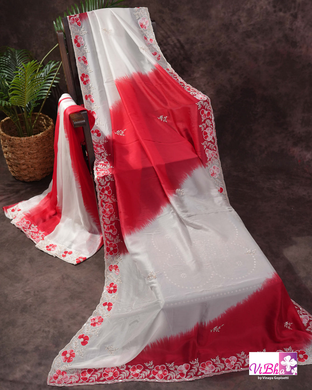 White and Red Designer Saree with Scalloped Floral Embellished Border