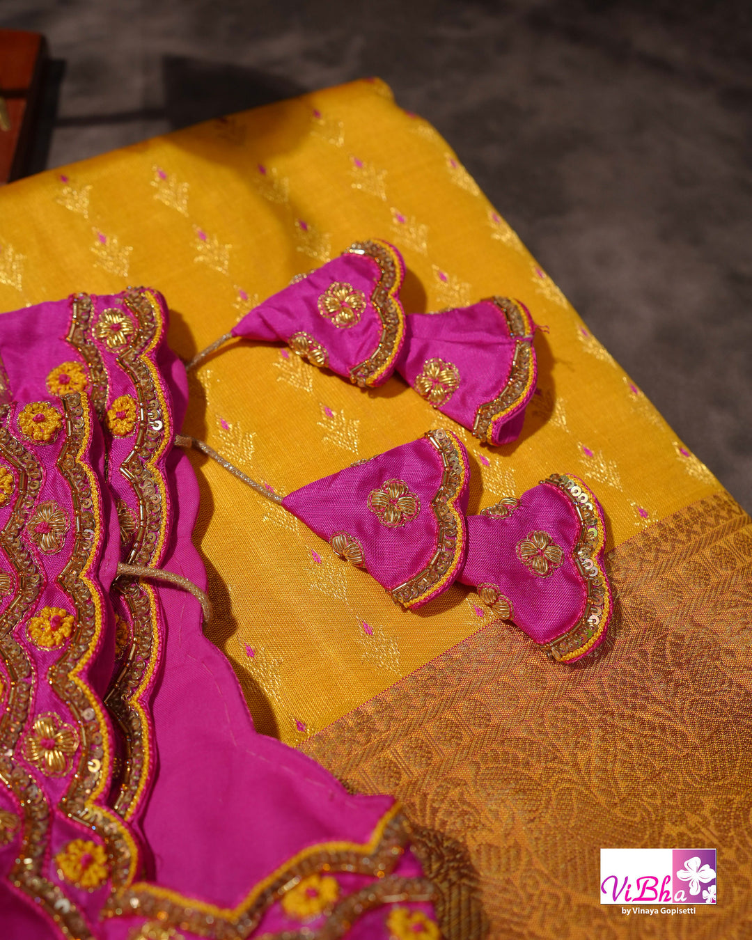 Marigold Yellow Kanchi Silk Saree with Broad Gold Border and Magenta Pallu