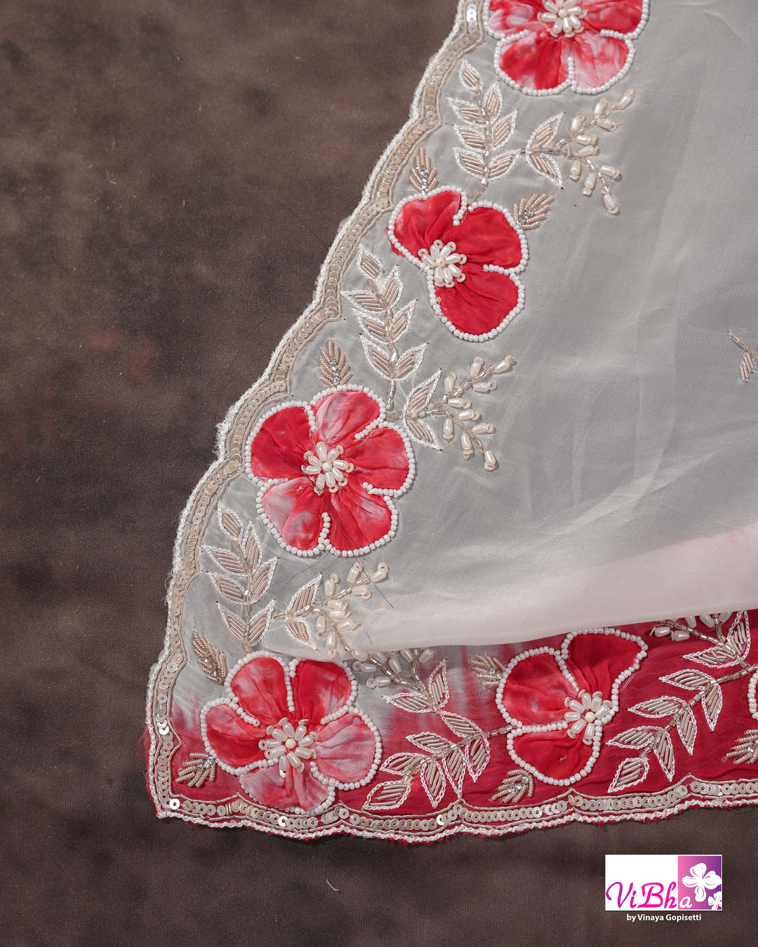 White and Red Designer Saree with Scalloped Floral Embellished Border