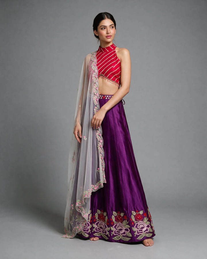 Purple And Red Hand Embroidered Lehenga Set