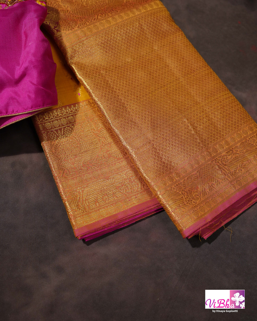 Marigold Yellow Kanchi Silk Saree with Broad Gold Border and Magenta Pallu