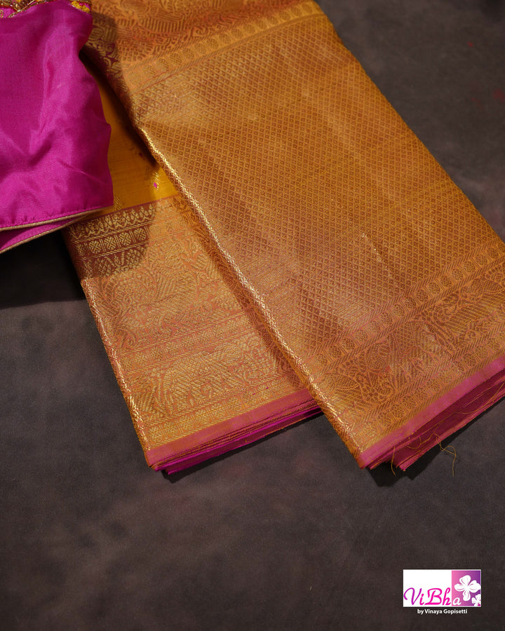 Marigold Yellow Kanchi Silk Saree with Broad Gold Border and Magenta Pallu