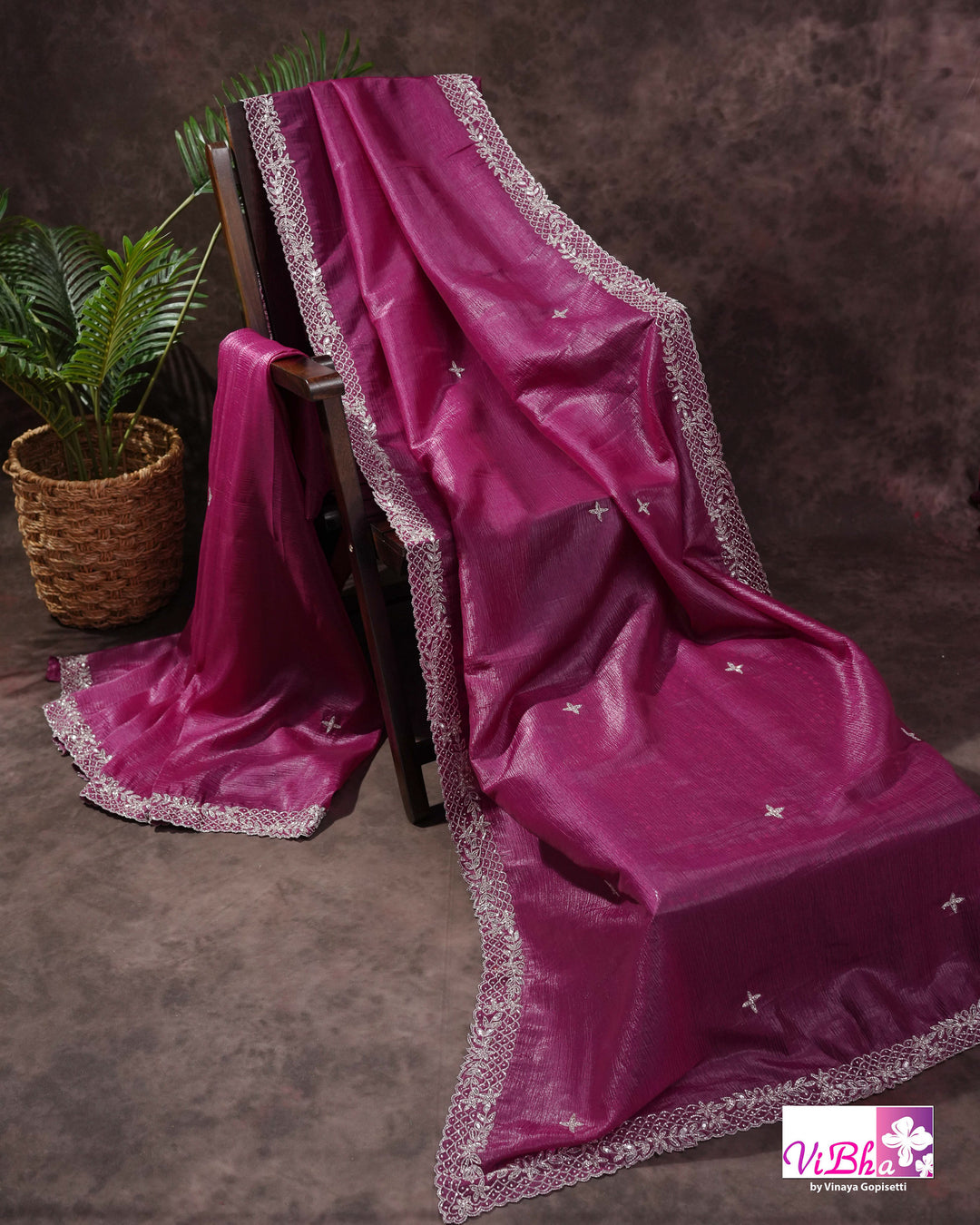 Magenta Shimmer Designer Saree with Silver-Toned Scalloped Border