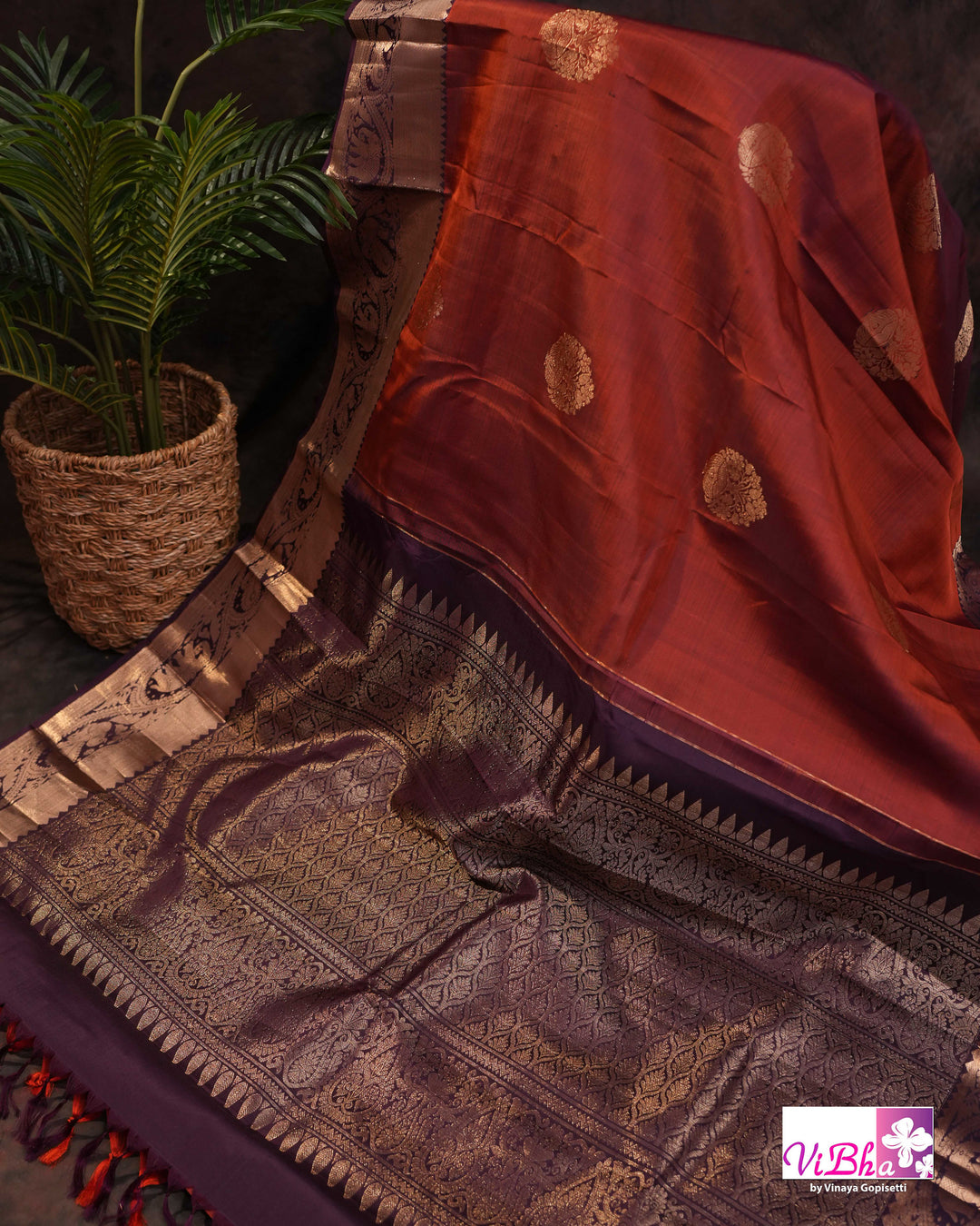 Rust Brown Kanchi Silk Saree with Blouse &amp; Elephant Motif Border