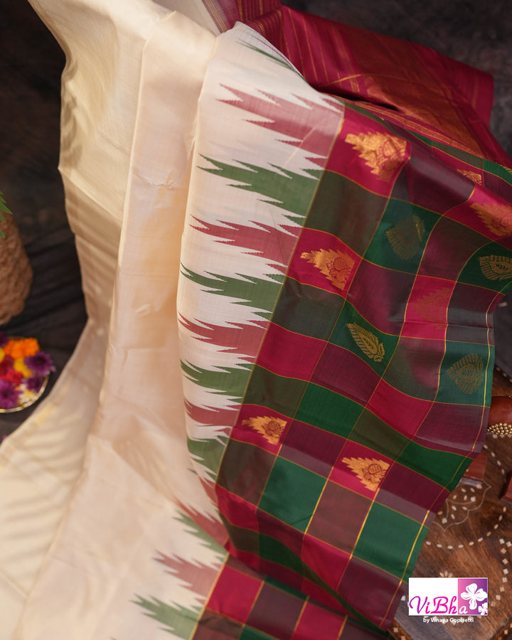 Cream Kanchi Silk Saree with Blouse &amp; Kattam Border