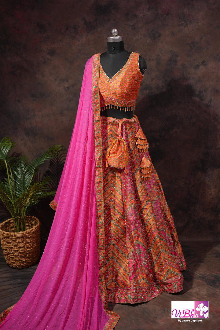 Orange &amp; Rani Pink Multicolor Lehenga Set