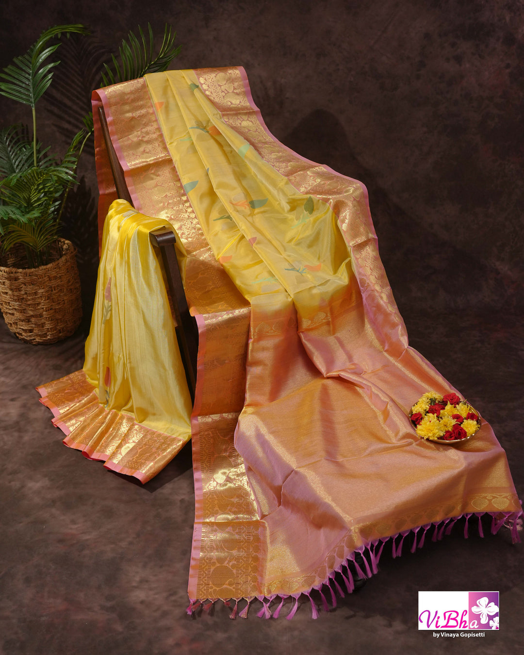 Pastel Yellow And Peach PInk Venkatagiri Silk Saree with Blouse