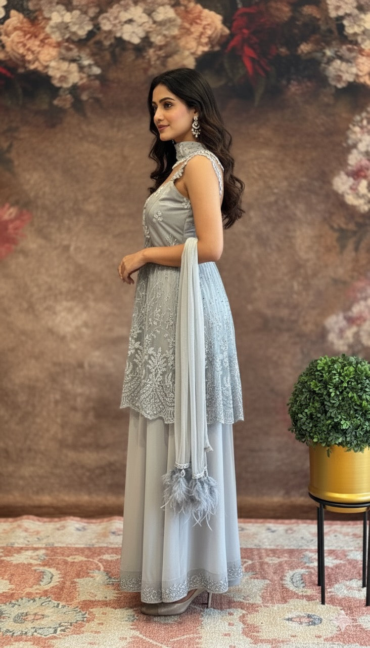 Grey Embroidered Choker-Dupatta Sharara Set