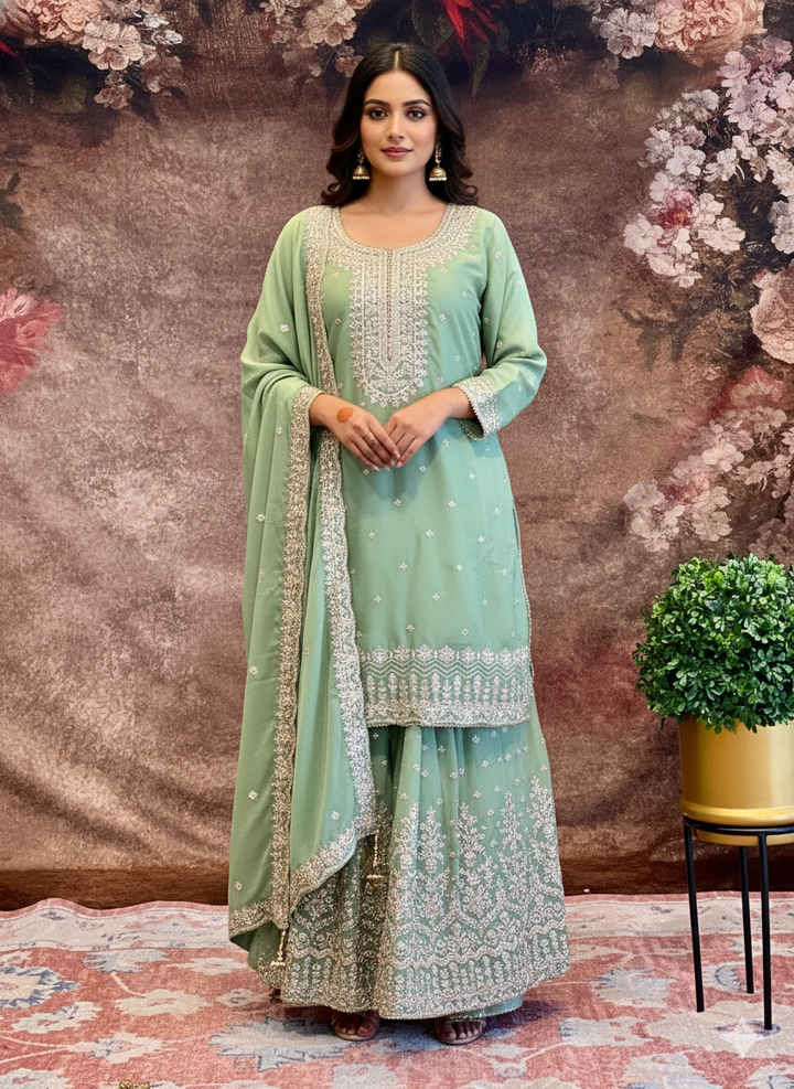 Sage Green Embroidered Sharara Set