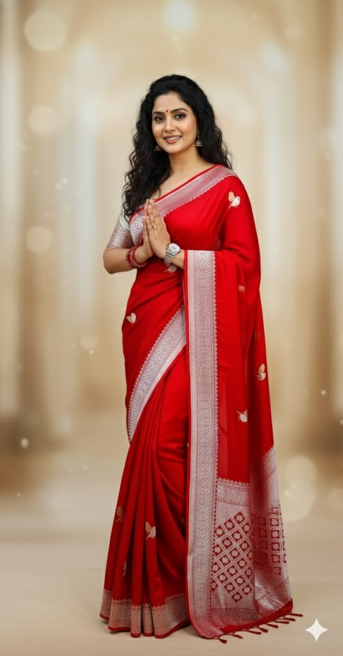 Red Raw Mango Banarasi Silk Saree And Sleeveless Blouse
