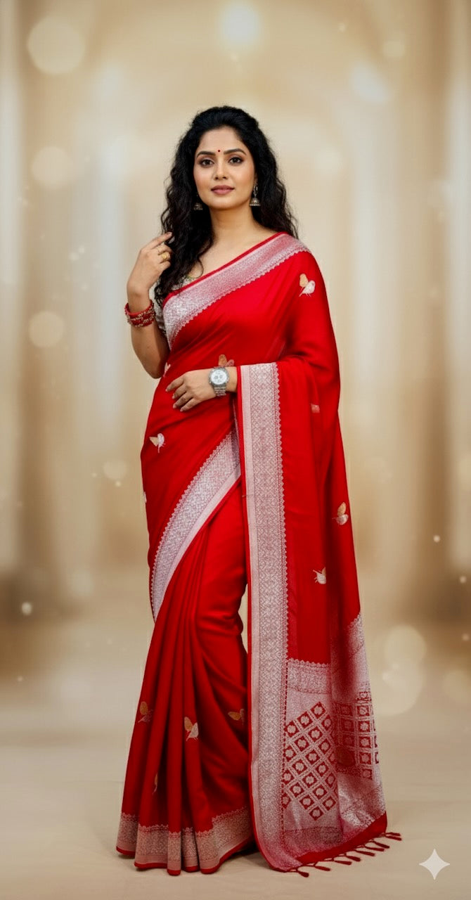 Red Raw Mango Banarasi Silk Saree And Sleeveless Blouse