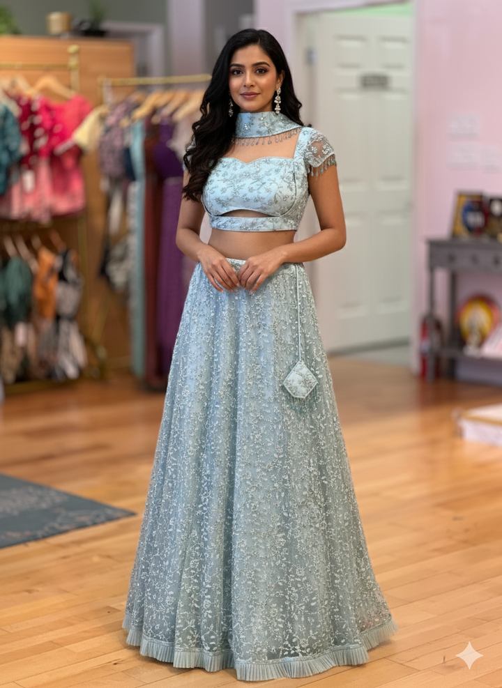 Pastel-Blue Cutdana Embroidered Lehenga with Madhubala-Cut Blouse